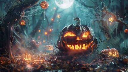 Naklejka premium A spooky and enchanting Halloween celebration background featuring a menacing pumpkin monster as the centerpiece. 