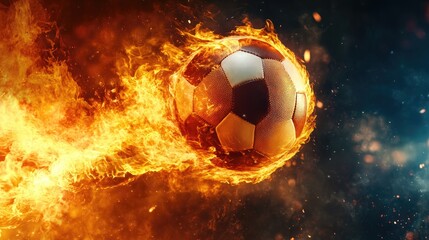 Fototapeta premium A flaming football soaring through the air, capturing the intensity and power of a 3D kick. The dynamic flames emphasize the energy of the moment.