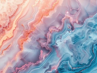 An abstract fluid art piece with swirling pastel hues of pink, blue, and peach, creating a mesmerizing blend of colors and organic textures.

