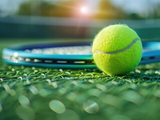 Tennis ball and racket on green grass, close-up view of tennis equipment in bright colors