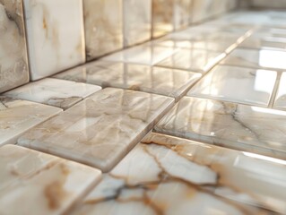 Close-up of polished marble tiles showcasing intricate natural veining, reflecting light and highlighting luxury, texture, and modern design.

