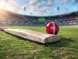 Close-up of a cricket bat and ball on a grassy field in a stadium, capturing the essence of the game and competition.

