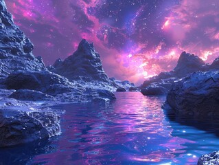 Futuristic alien landscape featuring jagged mountains, a glowing purple-pink sky filled with stars, and reflective water, creating a cosmic and otherworldly scene.

