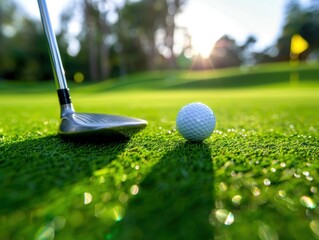 Close-up of a golf club next to a ball on a sunlit green golf course, capturing the precision and beauty of the game.
