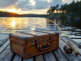 A fishing rod with an suitcase on the dock