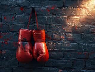 Boxing gloves hanging on a wall in a gym