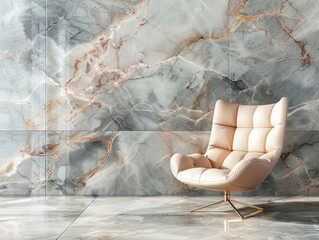 Vintage white chair in an empty room with marble wallpaper and marble floor 
