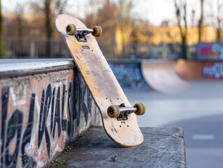 A skateboard leaning against a concretewall in skatepark