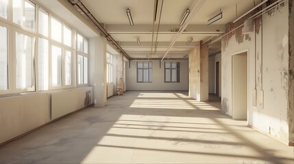 Empty room with large windows and sunbeams.