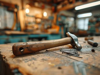 Vintage hammer and nails on an anvil in an old blacksmith's workshop with metal tools and equipment