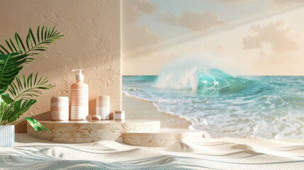 Obraz premium Beach platform showcasing products with sand and ocean waves.