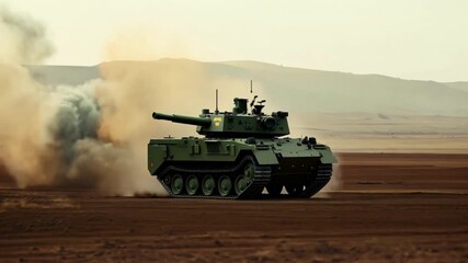 A generic military armored vehicle crosses minefields and smoke in the desert on a wide poster design that includes copy space.