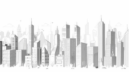 A cute cartoon Style ofA monochrome cityscape with modern, geometric buildings
