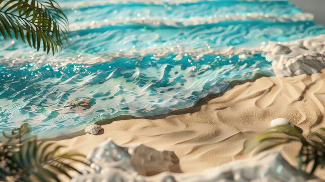 Beach platform showcasing products with sand and ocean waves.