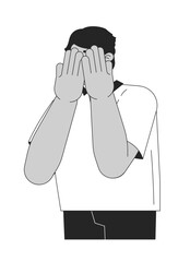 Arab man covering eyes depressed black and white 2D line cartoon character. Middle eastern guy hiding behind hands isolated vector outline person. Embarrassed monochromatic spot illustration