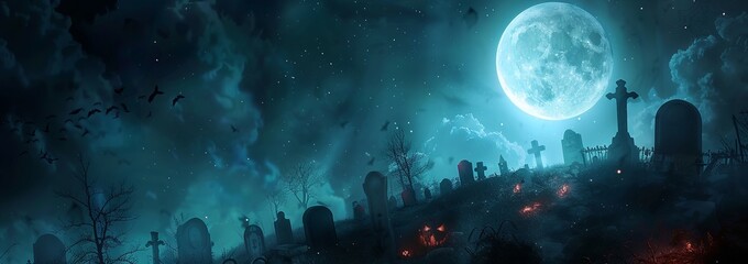 Wide web horizontal banner with tombstones, ominous clouds, full moon, spooky graveyard, Halloween concept design with copy space. Old abandoned cemetery on hill. Bats fly, smoldering fire.