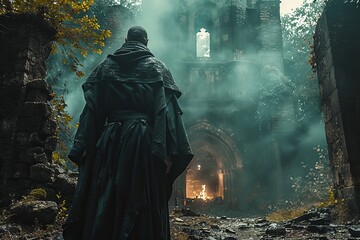 Medieval bald monk in long robe, hood in dark autumn forest with yellow leaves on abandoned temple, monastery background, fire burns in windows. A tramp in torn clothes seeks shelter, place to sleep