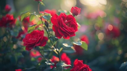 Close up of red roses in a blurred setting