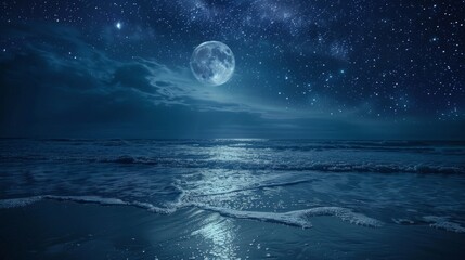 Fototapeta premium Beach under the starry sky, with the full moon reflecting in the water. generative ai