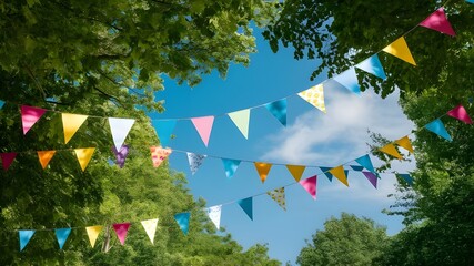Colorful Pennant String Decoration in a Green Tree Creating a Cheerful and Festive Atmosphere