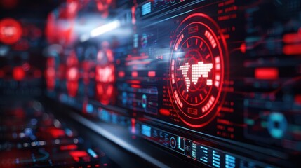 Obraz premium Cyber attack alert, dynamic red holographic signs, futuristic data security, dark control room