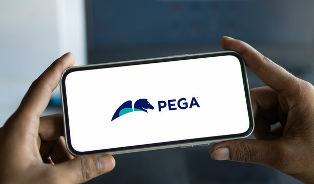 Dhaka, Bangladesh- -1 Aug 2024: Pegasystems Inc. (Pega) logo is displayed on smartphone.