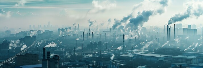Fototapeta premium A city skyline with a thick layer of smoke and smog. The sky is hazy and the air is thick with pollution. The cityscape is dominated by factories and power plants