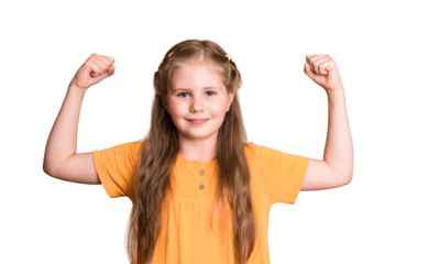 Little girl in yellow dress showing her strength isolated. Girls power concept.