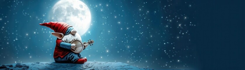 Fototapeta premium Gnome playing a lute under a moonlit sky, musical and serene