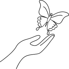 A hand holding a butterfly. The butterfly is white and black. Concept of care and protection
