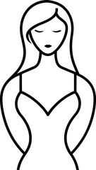 A woman is standing with her arms crossed. She is wearing a dress and has a necklace. The image is black and white