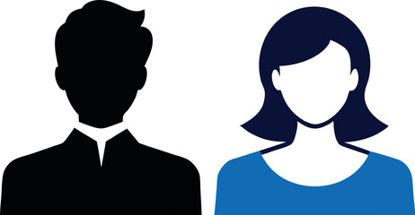 A man and a woman are shown in silhouette. The man is wearing a suit and tie, while the woman is wearing a blue shirt. Concept of formality and professionalism