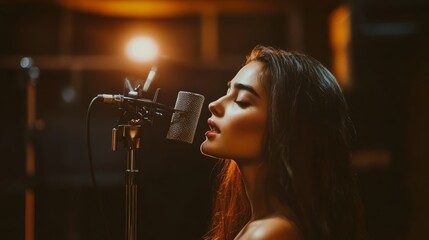 Woman singing into a microphone in a studio