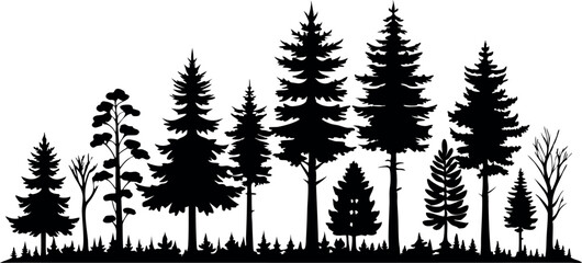 Fototapeta premium A row of trees with some of them bare. The trees are all black and the background is white