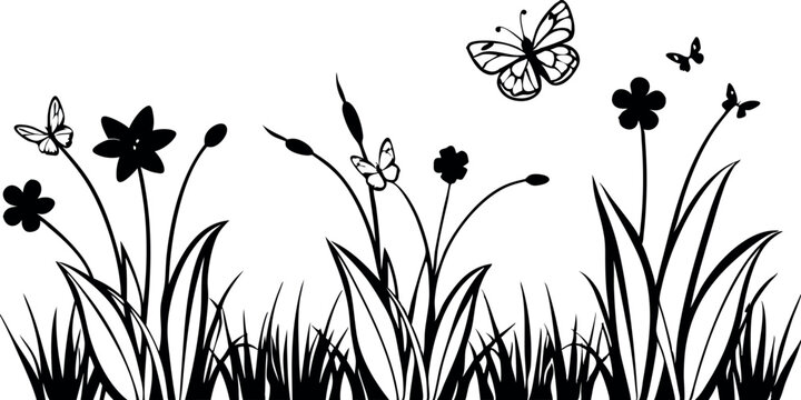 A black and white drawing of a field with flowers and butterflies. The flowers are scattered throughout the field, with some in the foreground and others in the background