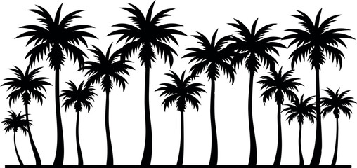 A row of palm trees are shown in black and white. The trees are tall and slender, with their trunks reaching up to the sky. Concept of tropical paradise and relaxation