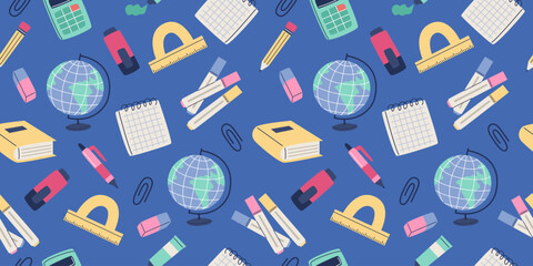 Back to school pattern. Cute school supplies. Vector illustration in flat style