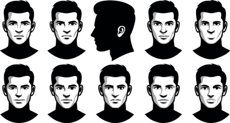 A series of men's faces are shown