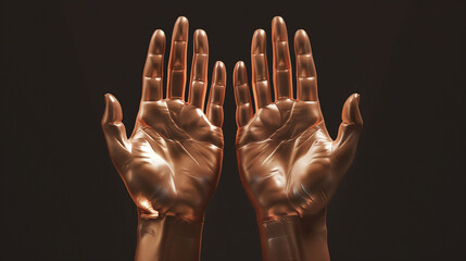 Two hands made of gold are shown in a close up. The hands are clasped together, and the image has a sense of warmth and connection