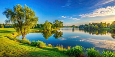 Obraz premium Beautiful morning scenery with lake, green grass, blue sky, and trees, scenic, nature, landscape, peaceful, tranquil