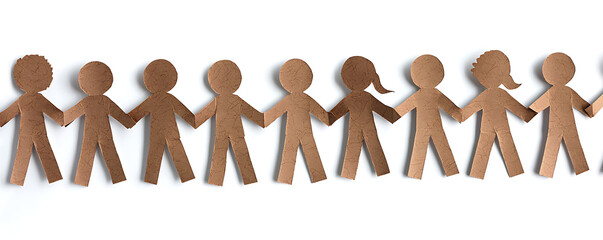 A row of brown paper cutouts shaped like human figures holding hands symbolizing unity and teamwork against a white background