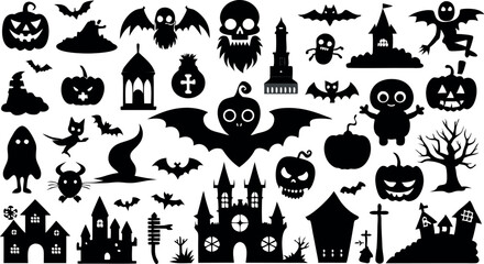 A collection of Halloween-themed silhouettes, including bats, skulls, and pumpkins. Scene is spooky and festive, with a focus on the holiday season