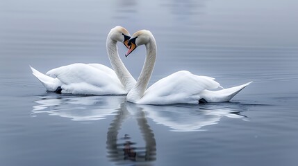 Obraz premium A close-up watercolor style picture of a pair of swans swimming gracefully on a calm lake, taken with lens, more clarity with clear light and sharp focus, high detailed