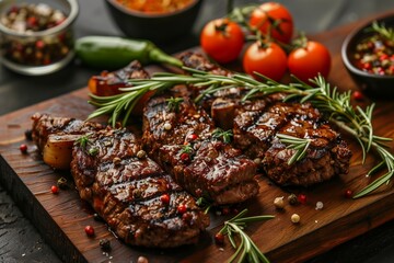 Delicious Grilled Steak With Fresh Herbs and Colorful Tomatoes on Wooden Platter