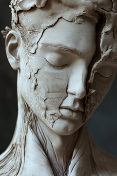 White Sculpture featuring a human figure decaying and with a sad expression. 