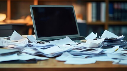 Business office laptop on a messed desk full of piles of papers and document stationery. Room chaos, clutted, unorganized workplace, stressed, tired employee in the company, busy day overwork, bad job