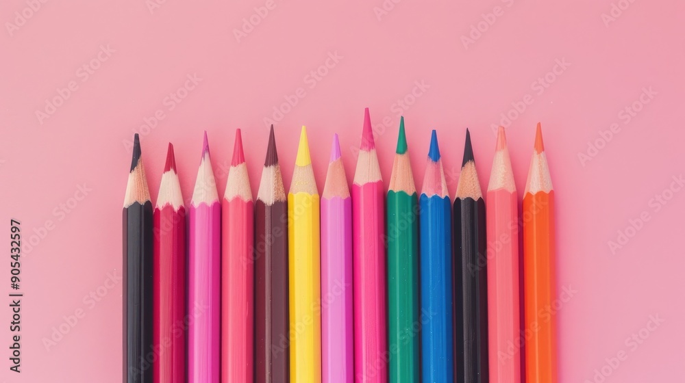 Sticker Rainbow and black pencils on pink pastel background arranged flatly