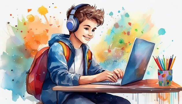 Young boy studying at a laptop.