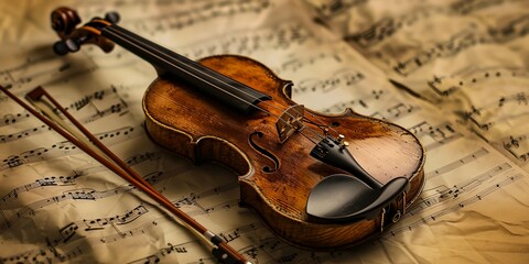 Fototapeta premium A violin is on top of sheet music. The sheet music is old and has a vintage feel to it. The violin is the main focus of the image, and it is a beautiful instrument
