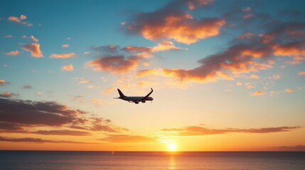 Fototapeta premium A serene sunset flight over the ocean, capturing the beauty of travel and nature in a tranquil sky.